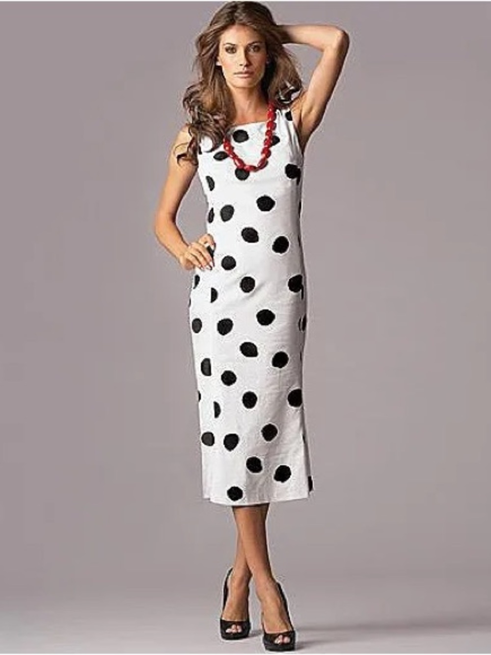 Newport News White Linen Midi Dress with Black Polka Dots
